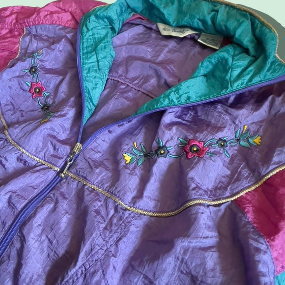 ‼️SOLD‼️Vintage Color Block Windbreaker Zip Up M Floral Embroidery Multicolor - Picture 5 of 7